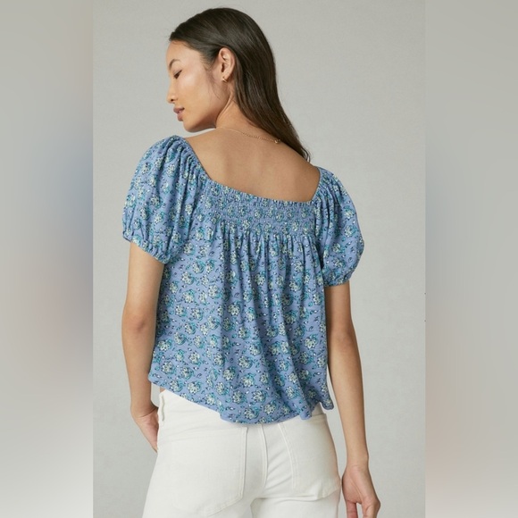 Lucky Brand Blue Floral Smocked shirt, Medium - Picture 3 of 8